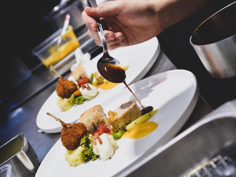 Chef preparing food, meal, in the kitchen, chef cooking, Chef de Chef preparing food, meal, in the kitchen, chef cooking, Chef decorating dish, closeup